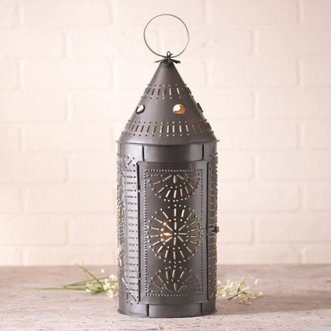 FREE SHIPPING! 21-Inch Lantern in Smokey Black, a beautiful lantern that is reminiscent of those original lanterns from centuries ago. Each lantern is hand-punched with beautiful details and is electrified. Visit website for FREE s/h & discount offers. Primitive Country Farmhouse Home Decor.