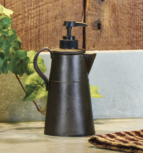 Tin Coffee Pot Dispenser is cute as can be and is perfect for soap or lotion. Primitive Country Farmhouse Bath Kitchen Decor.