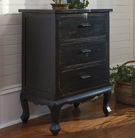 The Small Chest/Cupboard in distressed white finish by Park Designs has a charming silhouette and is perfect for small spaces. Three drawers provide welcome storage.  Aged Black finish is lightly distressed for an appealing patina. Wood. Size 29"H x 20.5"W x 13.75"D