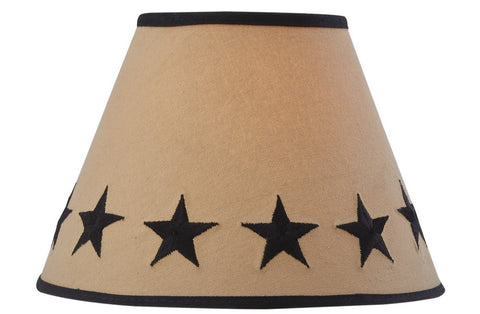 The Black Star Embroidered Shade - 10" has the following features.  Tan shade with black embroidered stars around the bottom