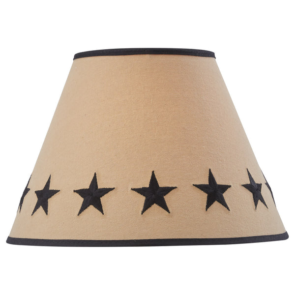 The Black Star Embroidered Shade - 12" has the following features.  Tan shade with black embroidered stars around the bottom