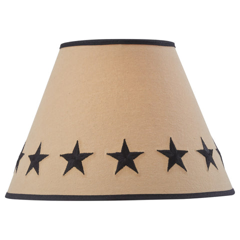 The Black Star Embroidered Shade - 12" has the following features.  Tan shade with black embroidered stars around the bottom