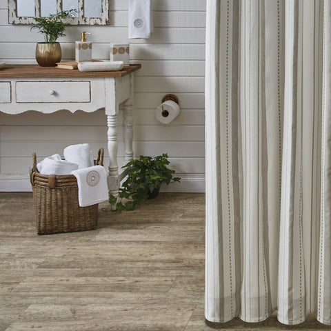The Larkin Shower Curtain is perfect for any home. With its neutral color pallet and simple pattern, this shower curtain will fit into any style home.