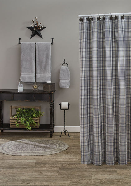 Hartwick Shower Curtain, add the popular country farmhouse colors of gunmetal, dove gray, tan and candlelight white to your bath. Pleasing plaid design with appealing style!  Colors: Gunmetal, Dove Gray & Candlelight White