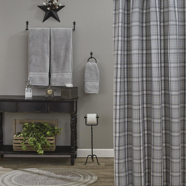 Hartwick Shower Curtain, add the popular country farmhouse colors of gunmetal, dove gray, tan and candlelight white to your bath. Pleasing plaid design with appealing style!  Colors: Gunmetal, Dove Gray & Candlelight White