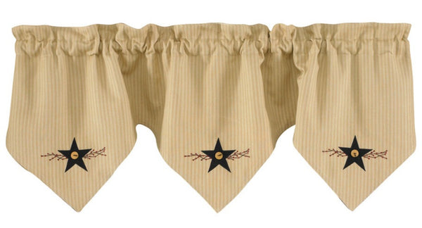 The Star Vine Lined Triple Point Valance has the look of old mattress ticking in updated country colors. It features a soft, neutral wheat background inlaid with narrow sand stripes, and for added country flair, it offers a sweet black star with berry vine motif in each of the triple points! So charming! 