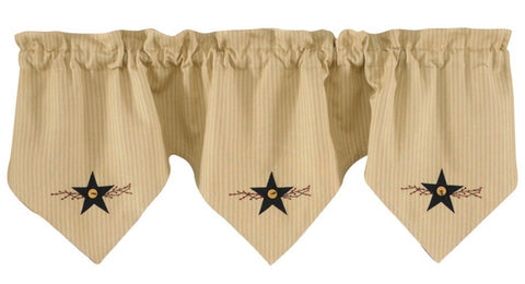 The Star Vine Lined Triple Point Valance has the look of old mattress ticking in updated country colors. It features a soft, neutral wheat background inlaid with narrow sand stripes, and for added country flair, it offers a sweet black star with berry vine motif in each of the triple points! So charming! 