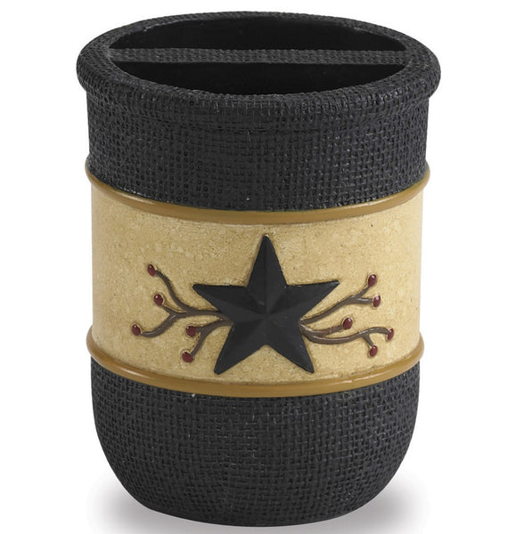 The Star Vine Toothbrush Holder is very elegantly designed, offering a black burlap-type texture with a crackled wheat band that provides great contrast! The black star with berry vine motif adds just the right amount of country flair!
