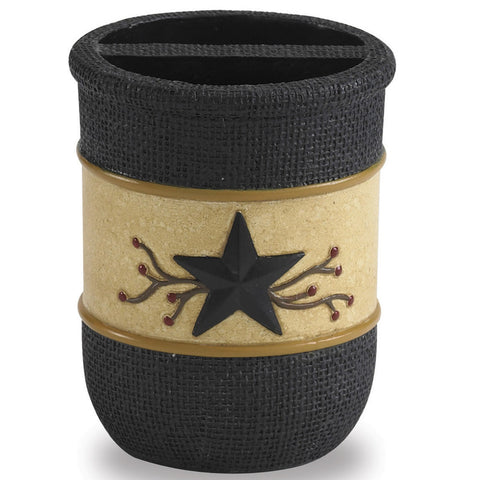 The Star Vine Toothbrush Holder is very elegantly designed, offering a black burlap-type texture with a crackled wheat band that provides great contrast! The black star with berry vine motif adds just the right amount of country flair!