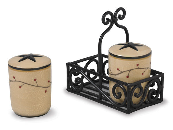 The Star Vine Salt & Pepper Shaker Set features a crackled wheat color trimmed with a sweet berry vine motif! Each shaker offers a black rim with an embossed black star to top it off! Your country table will look so pretty!