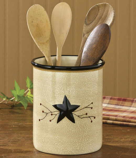 You'll love the look of your kitchen counters with the Star Vine Crock! Featuring hand sponge-paint in a crackled wheat with a bold black rim, it is accented with an embossed black star & berry vine motif! That's how we put the fun in functional!