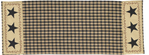 Enhance your dining decor with this charming Star Patch Table Runner! The bold black & sand plaid pattern is enhanced with a frayed homespun patch on both ends. The patch is accented with an appliqued black star surrounded by a vine-and-berry motif - a classic country design! So versatile, use throughout your home as an accent mat for you favorite candle/decorative pieces, on a mantel, or wherever your creativity leads you! 