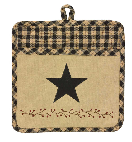 Add a dash of country-cute to your kitchen with the Star Patch Pocket Pot Holder featuring a bold black & sand plaid! The front pocket sports a solid sand patch accented with a vine-and-berry motif & prominent black star! Fun and functional! 