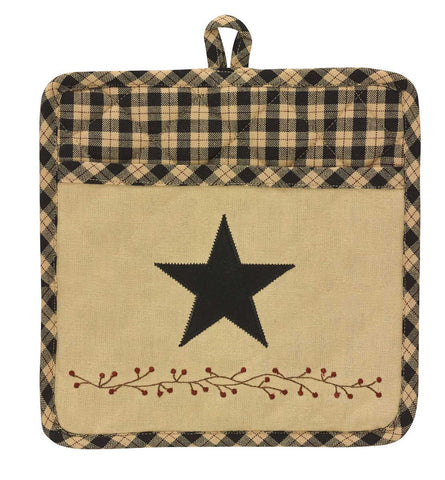 Add a dash of country-cute to your kitchen with the Star Patch Pocket Pot Holder featuring a bold black & sand plaid! The front pocket sports a solid sand patch accented with a vine-and-berry motif & prominent black star! Fun and functional! 