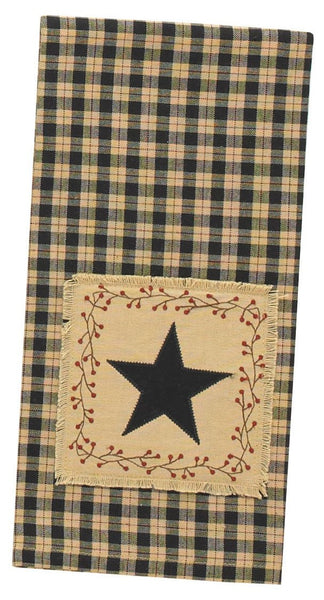 The Star Patch Decorative Dish Towel offers a bold black & sand plaid fabric that blends beautifully together! It features a homespun patch with frayed edges & appliqued black star surrounded by cranberry vine & berry motif! 100% cotton. Visit website for FREE s/h & discount offers. Primitive Country Farmhouse Decor.