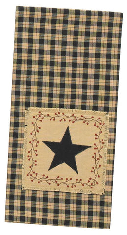 The Star Patch Decorative Dish Towel offers a bold black & sand plaid fabric that blends beautifully together! It features a homespun patch with frayed edges & appliqued black star surrounded by cranberry vine & berry motif! 100% cotton. Visit website for FREE s/h & discount offers. Primitive Country Farmhouse Decor.