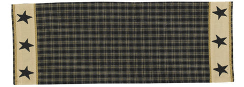 Our primitive Sturbridge Star Table Runner features a black homespun plaid pattern embellished with appliqued black stars for that classic country look! Enhance your dining experience with this runner! 