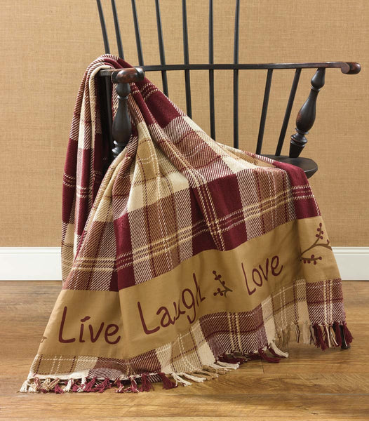 Live Laugh Love Throw, primitive woven throw featuring the words "Live, Laugh, Love" with pip berries on burgundy, tan and cream plaid. Primitive Country Farmhouse Home Decor.