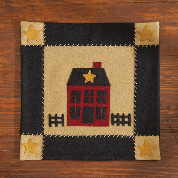 Sturbridge Home Felt Accent Mat Felt, stitched, accent mat with a primitive red saltbox house, adorned with golden stars on the sides, as well as one gold star at the top of the red house. Size: 12" x 12" Visit website for FREE s/h & discount offers. Primitive Country Farmhouse. 
