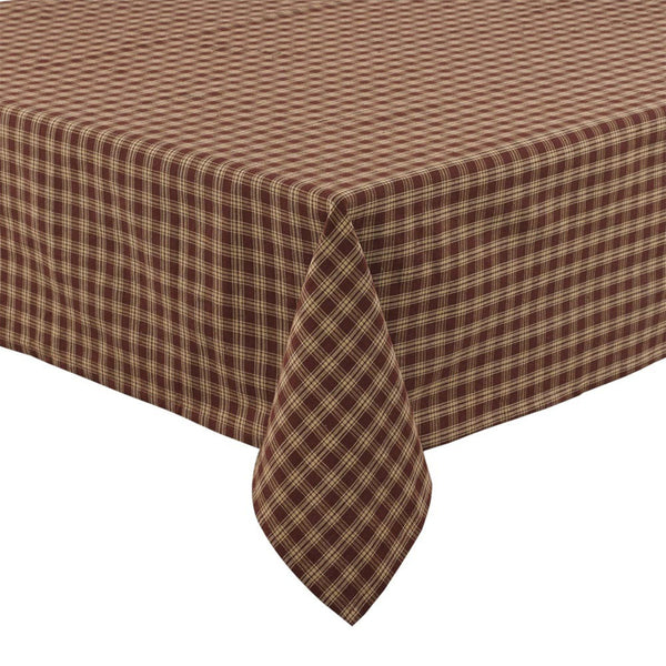 The Sturbridge Wine Tablecloth is a pretty, simple plaid of farmhouse tan and wine. The perfect table covering for everyday use or for setting a more formal table, this versatile tablecloth fits your country home decor needs perfectly! 