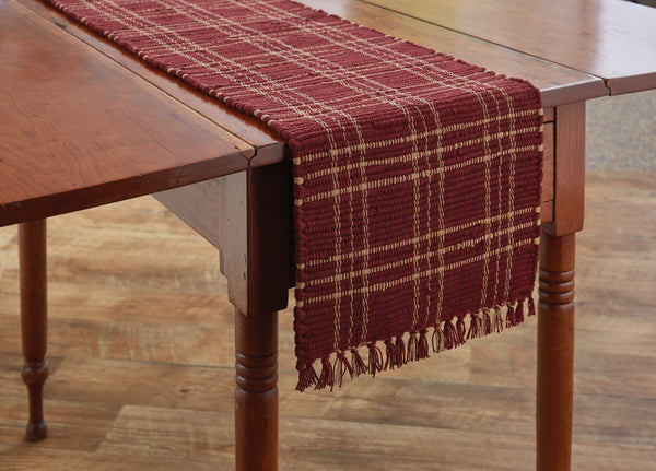 The beautiful wine and tan colors of the Sturbridge Wine Chindi Table Runners will give your table top that country appeal you are looking for! Add the matching placemats (sold separately) for a complete look.  Colors: Wine & Farmhouse Tan