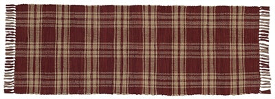 Shop the Sturbridge Wine Rag Rug 2x6 runner in wine & farmhouse tan plaid. Rustic cotton rug with fringe. Discontinued – limited stock, don’t miss out!