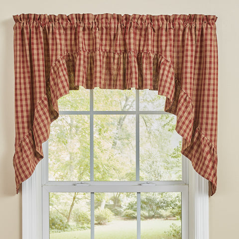 Sturbridge Plaid Ruffle Swag is a timeless wine and tan swag that can be used anywhere in your home. Measures approx. 72" W x 36" L.  A 2" rod pocket and 1.5" header are included in the overall measurements. Made of 100% cotton fabric. Unlined. See website for free s/h and discount offers. Primitve Country Home Decor.