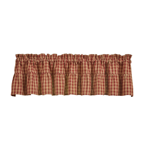 Sturbridge Plaid Ruffle Valance 14"L - Wine. Sturbridge Wine Valance is a timeless Wine and tan plaid valance that can be used anywhere in your home. See website for free s/h and discount offers. Primitve Country Home Decor.