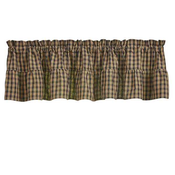 Sturbridge Plaid Ruffle Valance 14"L - Black. Sturbridge Black Valance is a timeless black and tan plaid valance that can be used anywhere in your home. See website for free s/h and discount offers. Primitve Country Home Decor.