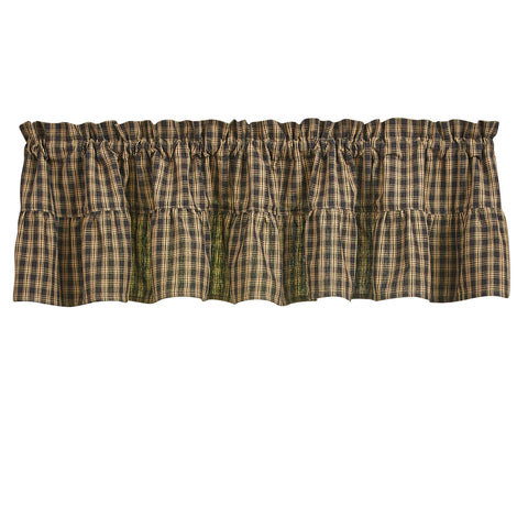 Sturbridge Plaid Ruffle Valance 14"L - Black. Sturbridge Black Valance is a timeless black and tan plaid valance that can be used anywhere in your home. See website for free s/h and discount offers. Primitve Country Home Decor.