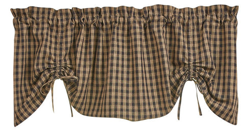 Add a gorgeous country accent to your window with the Sturbridge Plaid Black Lined Farmhouse Valance! The gorgeous plaid pattern in black and farmhouse tan gives classic style! The ruffles are the perfect finishing touch!  Add a tier (as pictured/sold separately) for dramatic appeal.  Colors: Black & Farmhouse Tan