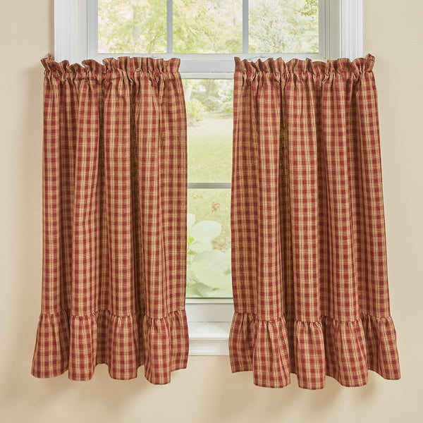 Sturbridge Plaid Ruffle Tiers 36"L - Wine, feature a classic wine and tan color plaid with a ruffled hem. Measure approx. 72" W X 36" L (total width). A 2" rod pocked and 1.5" header. Made of 100% cotton fabric. Unlined. Machine washable, line dry. See website for free shipping offer. Primitive Country Home Decor.