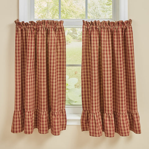 Sturbridge Plaid Ruffle Tiers 36"L - Wine, feature a classic wine and tan color plaid with a ruffled hem. Measure approx. 72" W X 36" L (total width). A 2" rod pocked and 1.5" header. Made of 100% cotton fabric. Unlined. Machine washable, line dry. See website for free shipping offer. Primitive Country Home Decor.