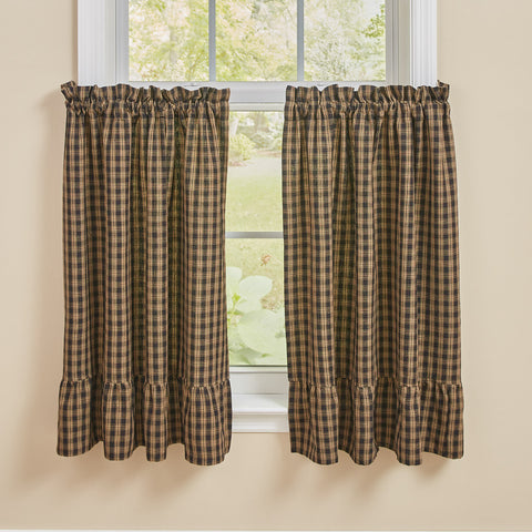 Add a gorgeous country accent to your window with the Sturbridge Plaid Black Ruffle Tiers! The gorgeous plaid pattern in black and farmhouse tan gives classic style! The ruffles are the perfect finishing touch!  Colors: Black & Farmhouse Tan 2 tiers included Dimensions: 72" W x 36" L (Each piece measures 36" W x 36" L) 100% cotton Click here to see coordinating items