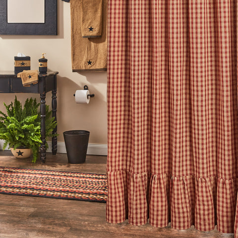 Sturbridge Plaid Ruffle Shower Curtain - Wine. Measures approx. 72" x 72". Made of 100% cotton. Machine washable. Visit website for free s/h & discount offers. Primitive Country Farmhouse Decor.