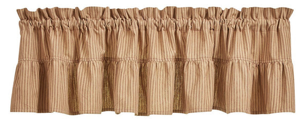 Add a gorgeous country accent to your window with the Sturbridge Ticking Wine Ruffle Valance ! The gorgeous ticking stripe pattern in wine and farmhouse tan gives classic style! The ruffles are the perfect finishing touch!  Add a tier (sold separately) for dramatic appeal.  Colors: Wine & Farmhouse Tan