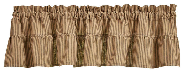 Add a gorgeous country accent to your window with the Sturbridge Ticking Black Ruffle Valance! The gorgeous ticking stripe pattern in black and farmhouse tan gives classic style! The ruffles are the perfect finishing touch!  Colors: Black & Farmhouse Tan
