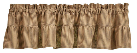 Add a gorgeous country accent to your window with the Sturbridge Ticking Black Ruffle Valance! The gorgeous ticking stripe pattern in black and farmhouse tan gives classic style! The ruffles are the perfect finishing touch!  Colors: Black & Farmhouse Tan