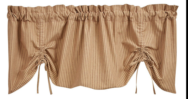 Add a gorgeous country accent to your window with the Sturbridge Ticking Wine Lined Farmhouse Valance! The gorgeous ticking stripe pattern in wine and farmhouse tan gives classic style! The ruffles are the perfect finishing touch! Add a tier (sold separately) for dramatic appeal. Colors: Wine & Farmhouse Tan