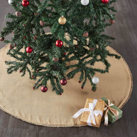 Yuletide Burlap Tan Tree Skirt 48 Add rustic style to your Christmas traditions with the Yuletide Burlap Tan Tree Skirt. The round tree skirt features a 48 inch diameter. A warm tan base constructed with a soft cotton burlap will add simple, sophisticated style for a perfect farmhouse Christmas look. 
