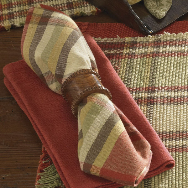 Set a lovely table with these Heartfelt Napkins! They feature a lovely green, red, buttercream & brown country plaid that adds warmth & style to your kitchen decor! Simply stunning!