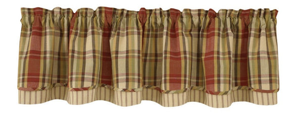 This lovely layered valance is even prettier in person! The Heartfelt Layered Valance combines a beautiful blend of greens, browns, red & buttercream that work perfectly together to create this charming plaid! Add in a layer of red & sand mattress ticking on the bottom edge & you have a beautiful country curtain that adds warm ambiance to any decor!