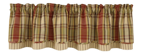 This lovely layered valance is even prettier in person! The Heartfelt Layered Valance combines a beautiful blend of greens, browns, red & buttercream that work perfectly together to create this charming plaid! Add in a layer of red & sand mattress ticking on the bottom edge & you have a beautiful country curtain that adds warm ambiance to any decor!