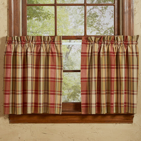 Add warmth & style to your home with these Heartfelt Tiers! The beautiful blend of green, browns, buttercream & barn red work perfectly together to create a lovely country plaid that adds ambiance to any decor! Stunning on their own, or pair with coordinating valance for a more dramatic appeal!