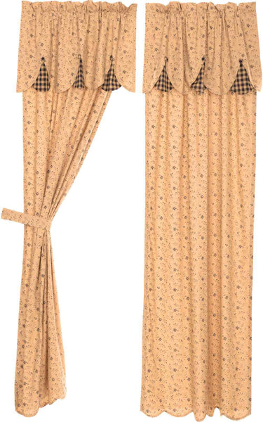 Maisie Panel with Attached Scalloped Layered Valance Set of 2 84x40, Large-scale black and dark tan floral ditsy print with attached valance Valance contains black and tan check fabric peeking out bottom edge with coordinating fabric buttons on each crest. Primitive Country Farmhouse window Treatments Curtains Home Decor.