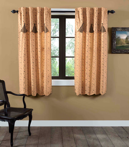 Maisie Short Panel Attached Scalloped Layered Valance Set of 2 63x36, Large-scale black and dark tan floral ditsy print with attached valance Valance contains black and tan check fabric peeking out bottom edge. Primitive Country Farmhouse Window Treatments Curtains Home Decor.