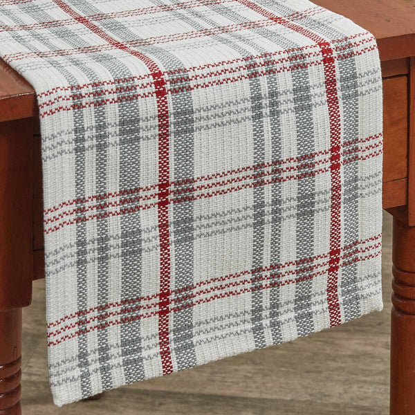 Farm Yard Table Runner - 36"L - Truly fresh country, the Farm Yard Collection is playful with a white, red, and dove gray plaid. Coordinate with the Chicken Coop Collection to add roosters and red and white check!  Colors: White, Red & Dove Gray