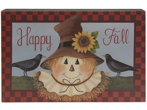Happy Fall Scarecrow Box Sign is a freestanding wooden box sign with a red check border and a scarecrow design. It looks great on shelves, mantels, or console tables and measures 9" high by 13.75" wide by 2" deep. Visit website for FREE s/h & discount offers. Primitive Country Farmhouse Home Decor.