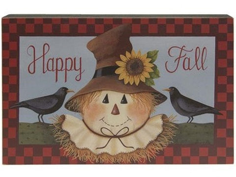 Happy Fall Scarecrow Box Sign is a freestanding wooden box sign with a red check border and a scarecrow design. It looks great on shelves, mantels, or console tables and measures 9" high by 13.75" wide by 2" deep. Visit website for FREE s/h & discount offers. Primitive Country Farmhouse Home Decor.