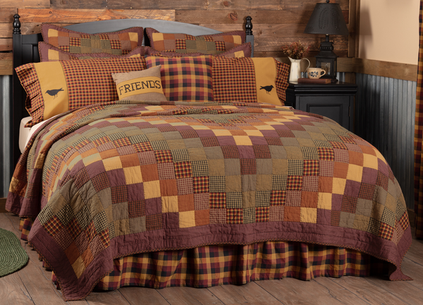 Heritage Farms King Quilt 105Wx95L, decorated with cascading blocks of various crimsons, mustards, and black for a visually mesmerizing and enticing look. Primitive Country Farmhouse Quilted Bedding Home Decor.